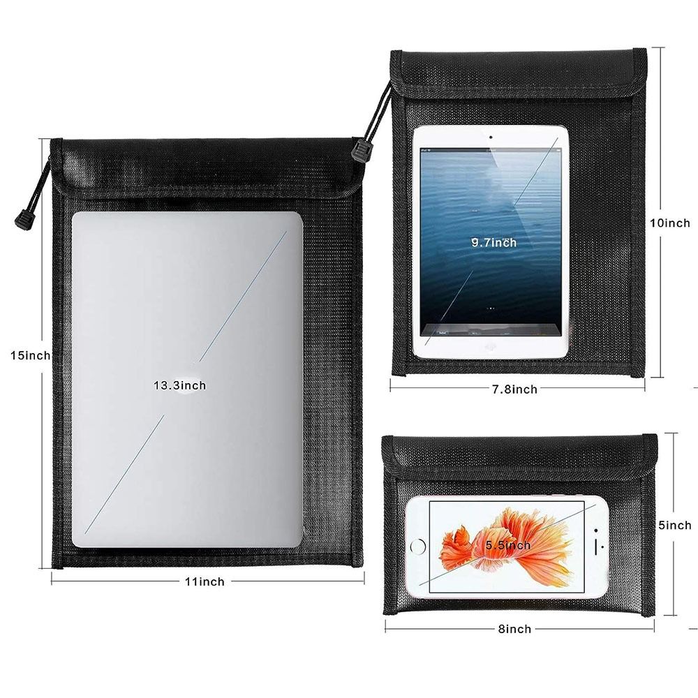 Black fireproof and waterproof document bag with signal blocking features, showing various sized slots for documents and devi