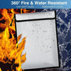 A clear document bag demonstrating fire and water resistance against a background of flames and water droplets.
