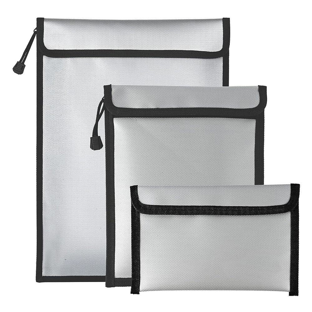 A set of three fireproof and waterproof document bags in gray and black.