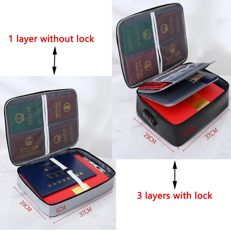 Comparison of a fireproof document storage bag showing one layer without a lock and three layers with a lock.