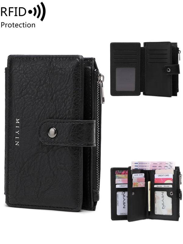 Black leather RFID blocking clutch wallet and card holder displayed in various configurations