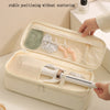 A beige storage bag for elastic hair strips and a white hair dryer, showing stable positioning.