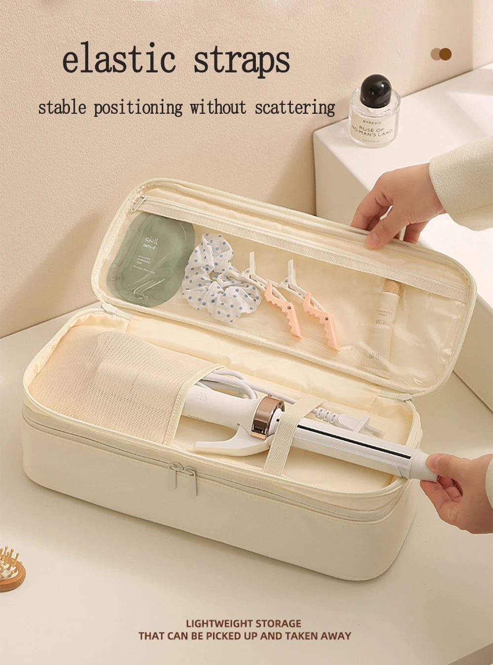 A beige storage bag for elastic hair strips and a white hair dryer, showing stable positioning.