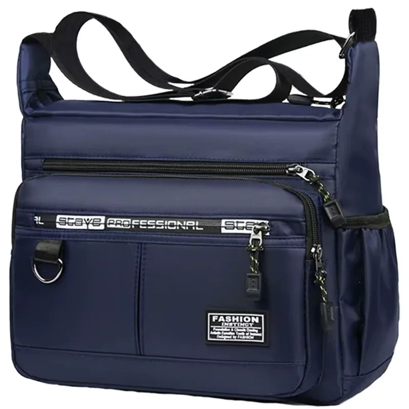 Navy men's business crossbody bag with multiple zippered compartments and leather accents