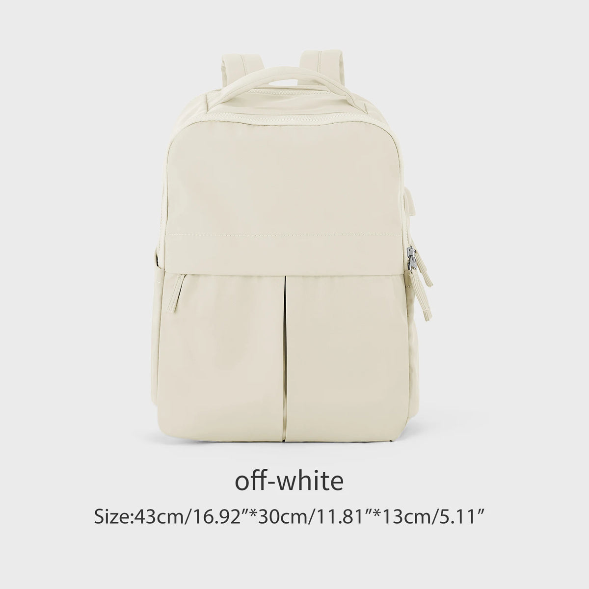 A beige women's laptop backpack shown from the front.
