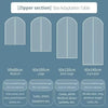 Size adaptation table showing clear garment dust covers for hangers in various sizes like Medium, Large, Extra large, and Ove