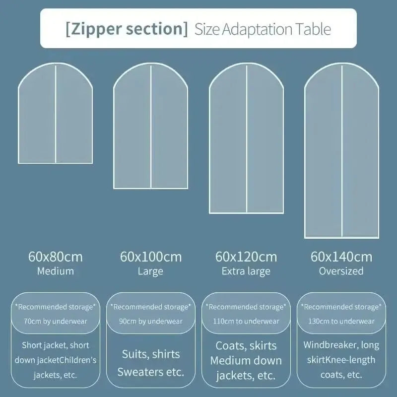 Size adaptation table showing clear garment dust covers for hangers in various sizes like Medium, Large, Extra large, and Ove