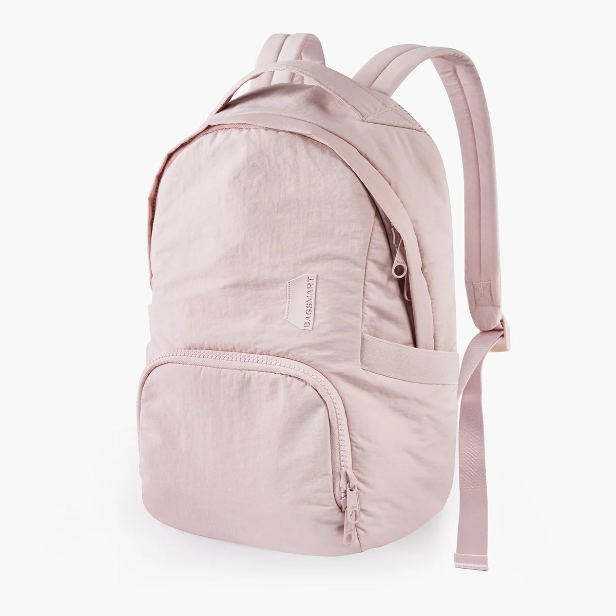 A light pink waterproof anti-theft laptop backpack with a shoulder strap.