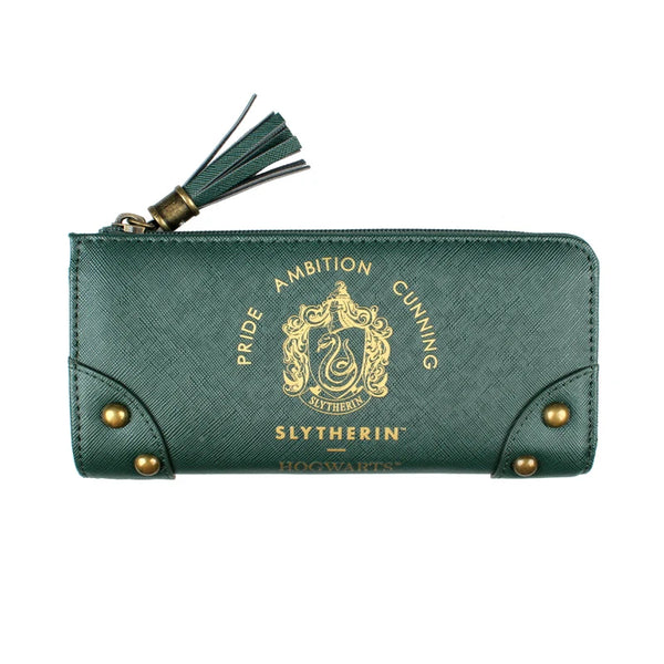 A dark green leather card holder wallet with gold embroidery and a tassel detail.