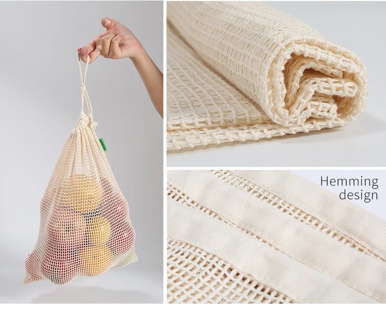 A close-up of a beige reusable cotton mesh produce bag and a section showing the hemming design.