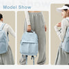 Three views of a light blue women's laptop backpack worn by a woman, showing front and back details.