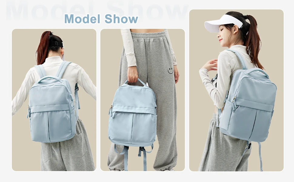 Three views of a light blue women's laptop backpack worn by a woman, showing front and back details.