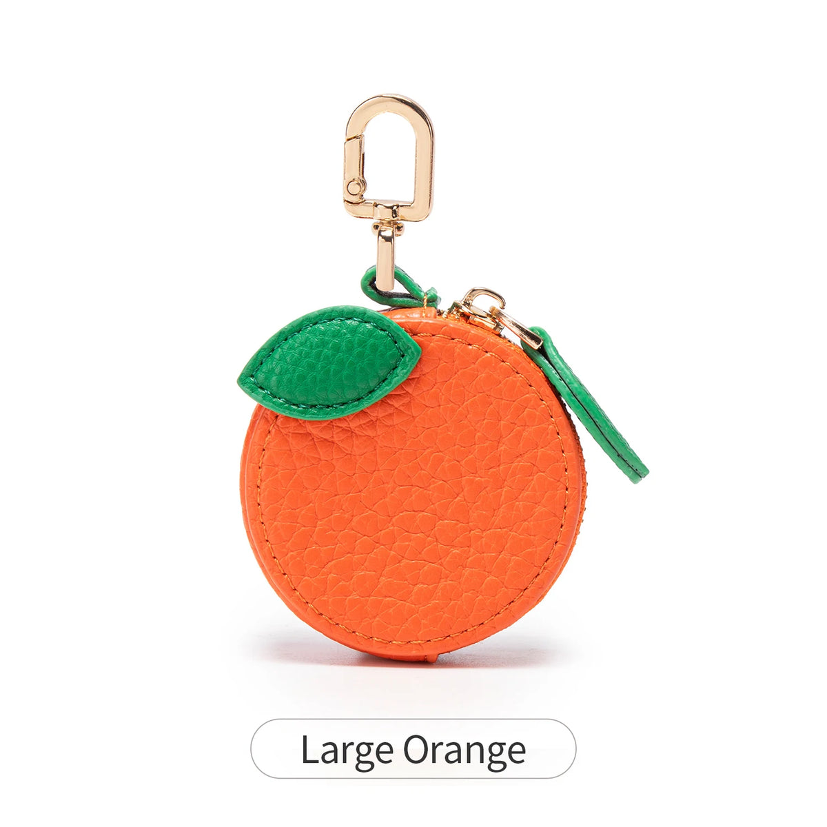 Orange fruit shape coin purse keychain with a gold clasp and green stem