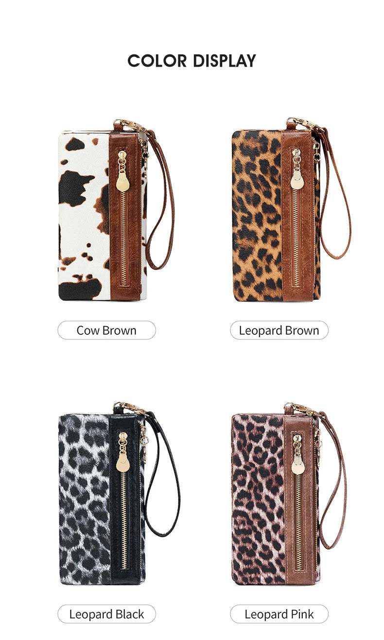 A display of five leopard print clutch wallets in various colors including cow brown, leopard brown, leopard black, and leopa
