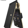 Black RFID protection bi-fold wallet with gold zippers and credit card slots