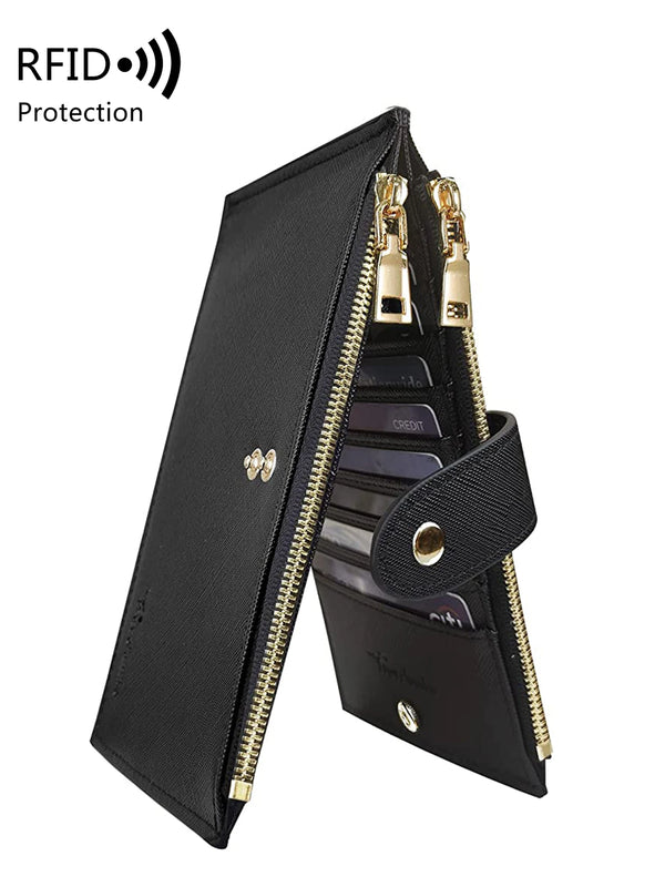 Black RFID protection bi-fold wallet with gold zippers and credit card slots