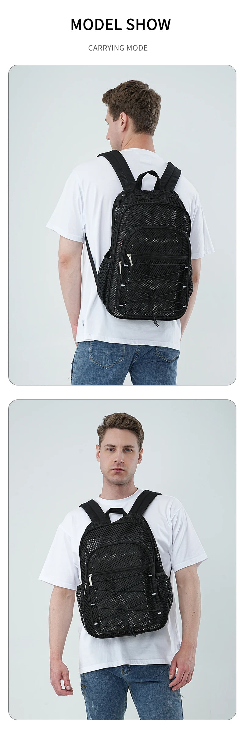 A man wearing a black fashion mesh backpack on his back, shown in a model show context.
