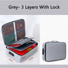 Grey fireproof document storage bag with three layers and a lock shown in various angles