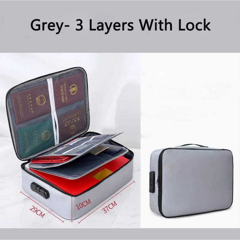 Grey fireproof document storage bag with three layers and a lock shown in various angles