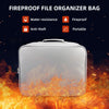 A white fireproof file organizer bag shown against a background of intense flames.