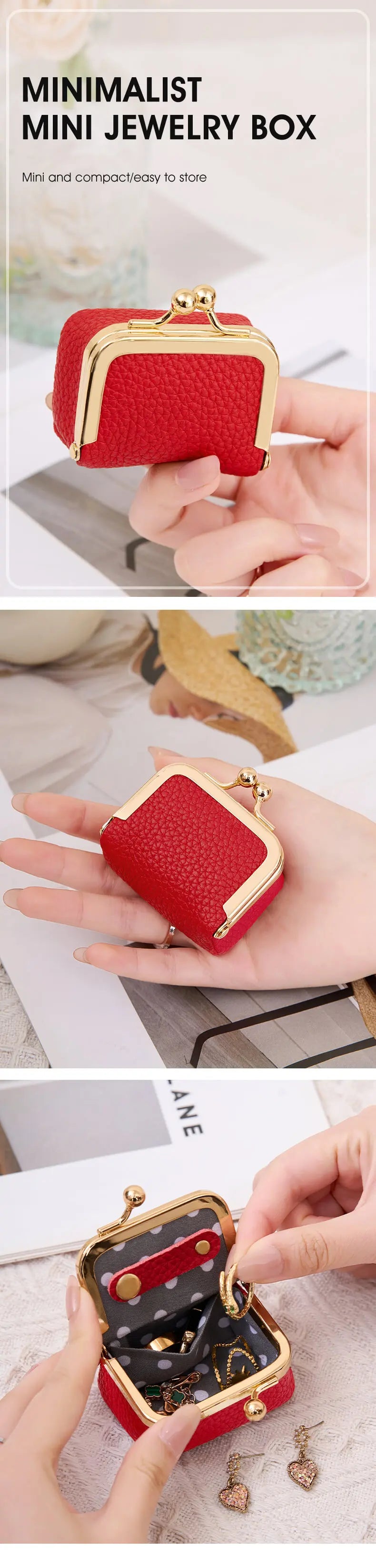 Una caja de joyería mini de terciopelo rojo con detalles dorados, abierta mostrando anillos y pendientes pequeños.