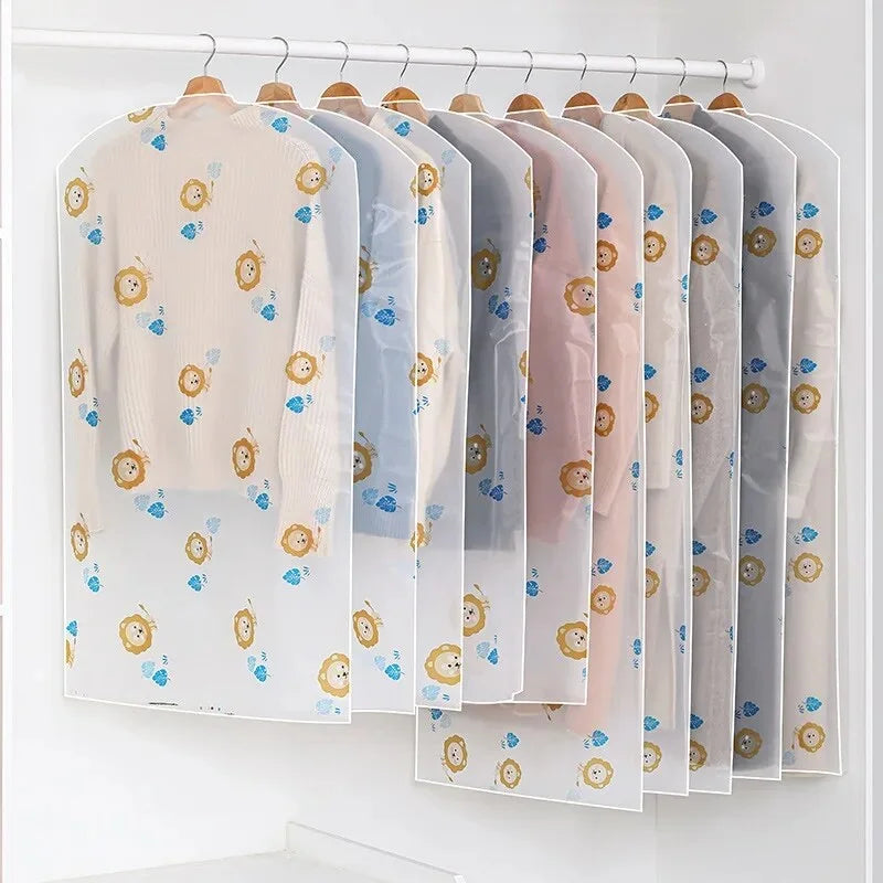Clear garment dust covers for hangers featuring a pattern of small yellow and blue animal faces