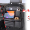 An 8 in 1 car seat back organizer featuring a tablet holder, storage pockets, and strong straps inside a car seat.