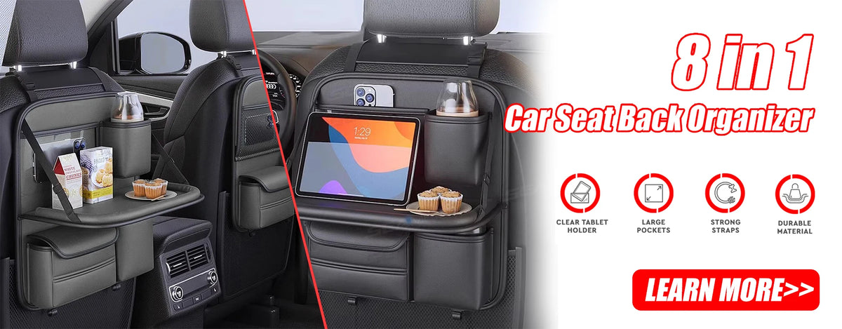 An 8 in 1 car seat back organizer featuring a tablet holder, storage pockets, and strong straps inside a car seat.