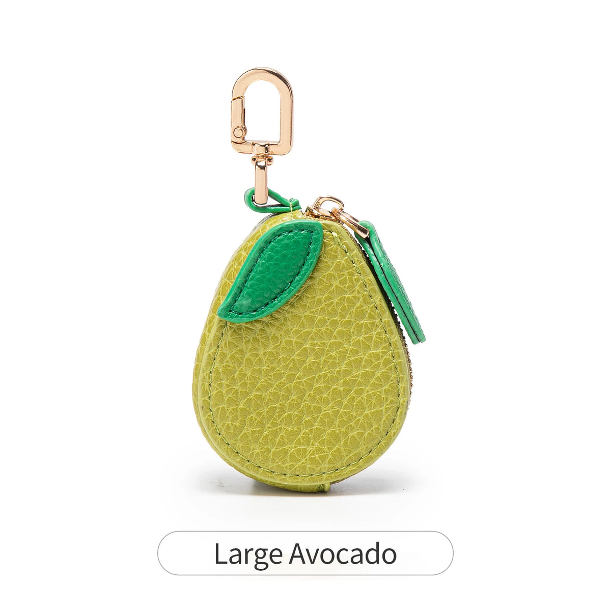 A light green avocado shaped coin purse keychain with a gold-tone clasp.