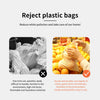 Reusable cotton mesh produce bags shown with a hand holding a yellow fruit in a bright market setting.