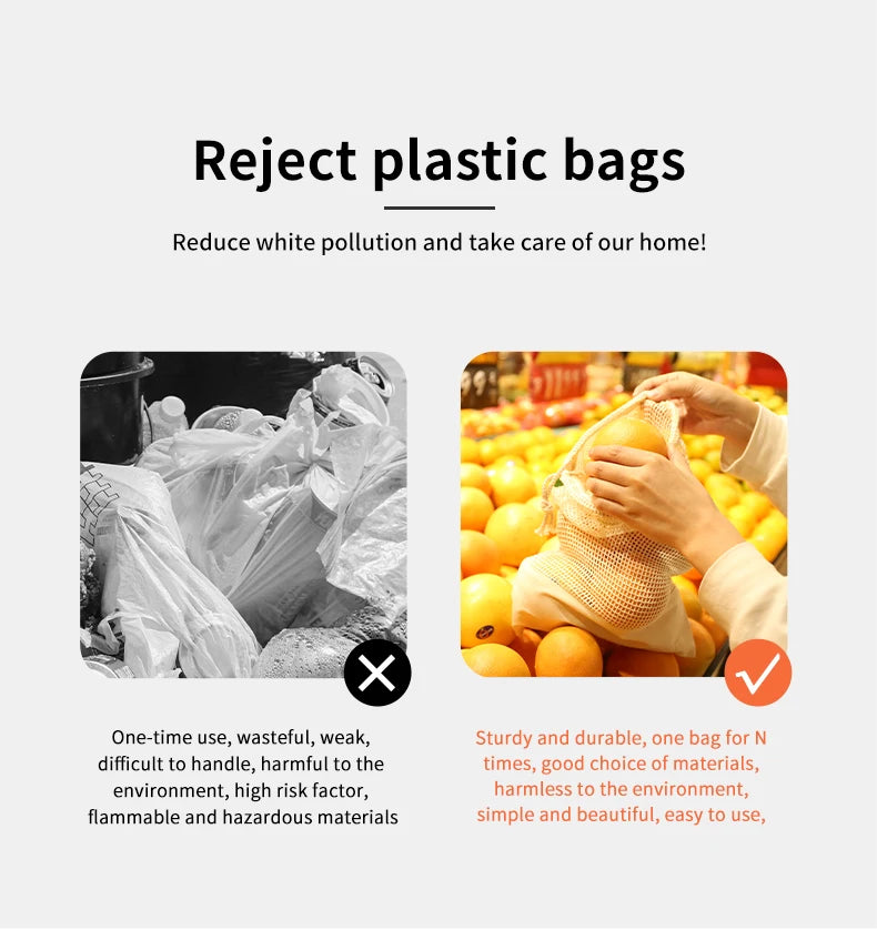 Reusable cotton mesh produce bags shown with a hand holding a yellow fruit in a bright market setting.