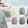 A woman is shown carrying a light blue laptop backpack, with multiple color options displayed nearby.