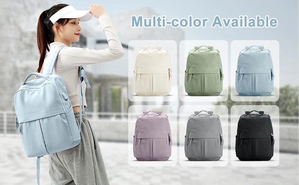 A woman is shown carrying a light blue laptop backpack, with multiple color options displayed nearby.