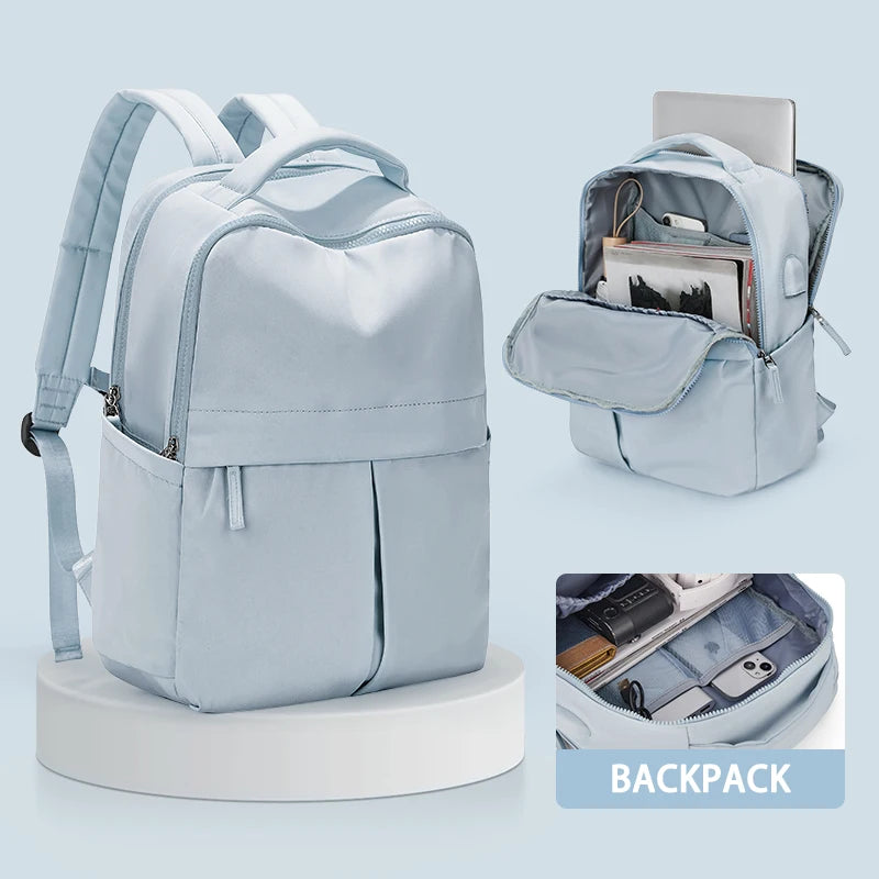 Light blue women's 15.6 inch laptop backpack shown in full view and folded version.