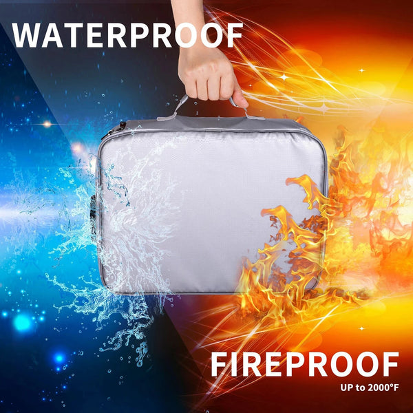 A silver waterproof and fireproof document storage bag being held by a hand, with bright orange flames surrounding it.