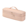 A light pink durable travel hair dryer storage bag with a handle and partitioned compartments.