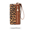 A brown leopard print clutch wallet with a gold zipper and leather wristlet strap.
