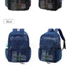Three mesh backpacks available in black, blue, and purple colors shown from the front.