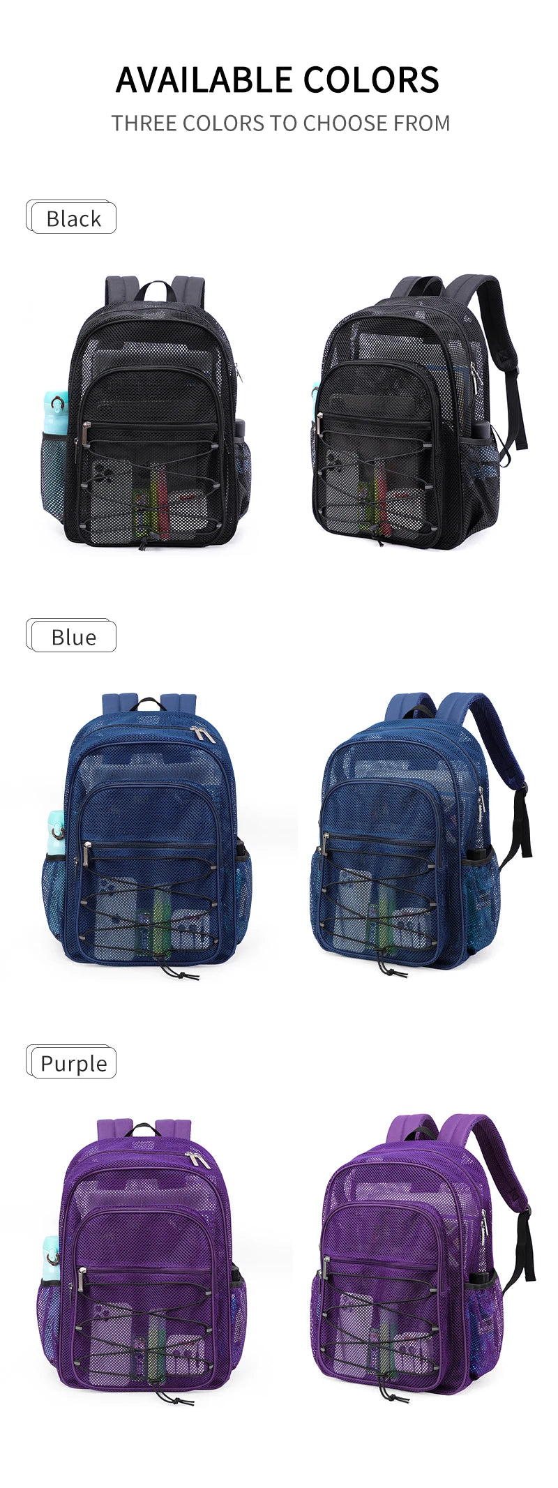 Three mesh backpacks available in black, blue, and purple colors shown from the front.