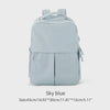 A light blue laptop backpack shown from the back with a strap and zipper details.