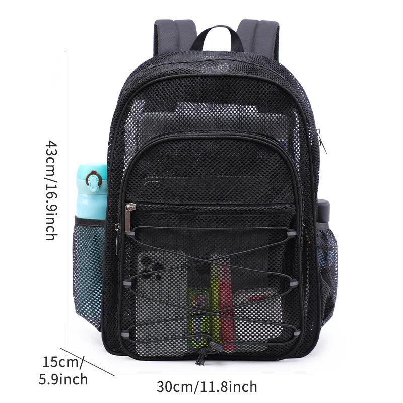 Black mesh backpack designed for laptop and daily use with multiple compartments