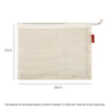 A rectangular white cotton mesh produce bag with a drawstring, showing its dimensions.