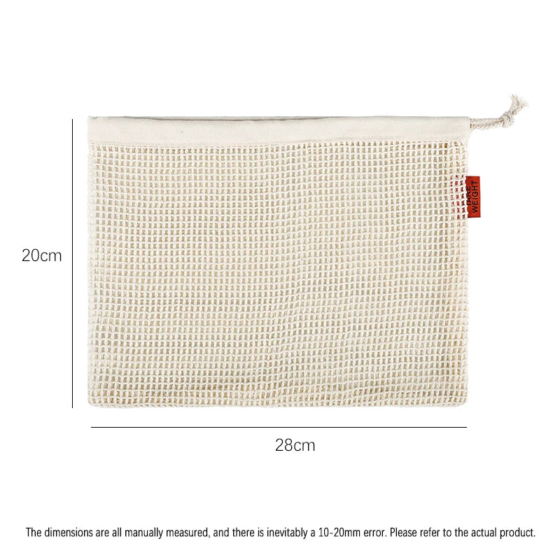 A rectangular white cotton mesh produce bag with a drawstring, showing its dimensions.