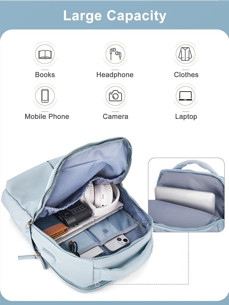 Light blue laptop backpack showing various compartments for books, electronics, and clothes.