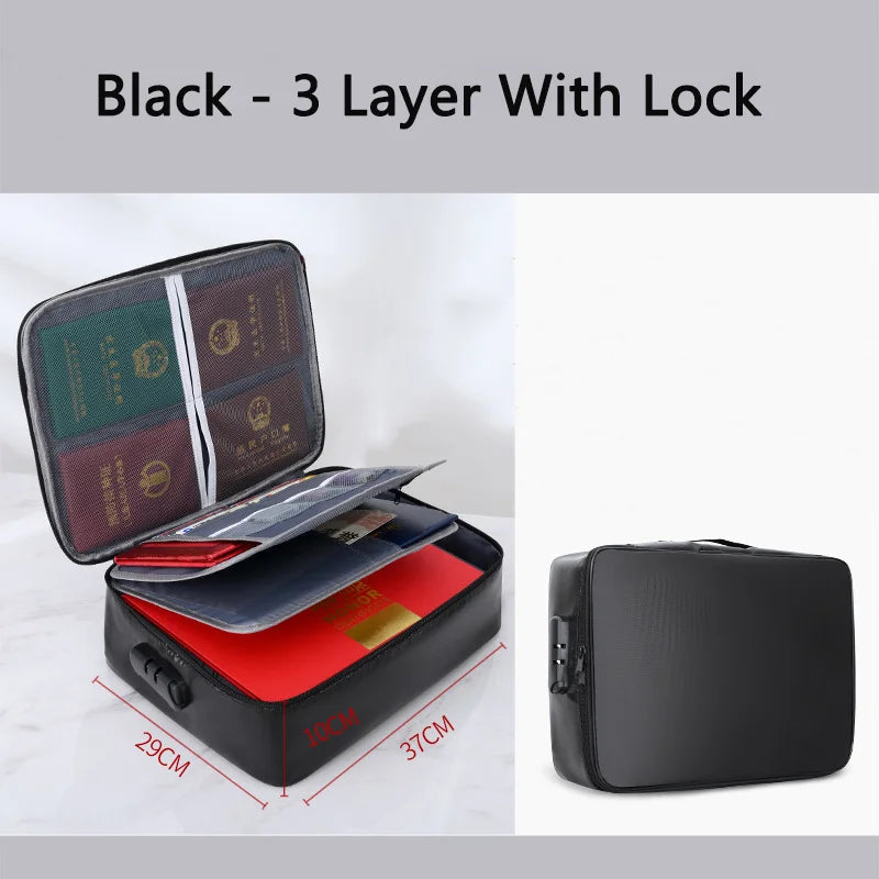 Black 3 layer fireproof document storage bag with a lock shown in various views