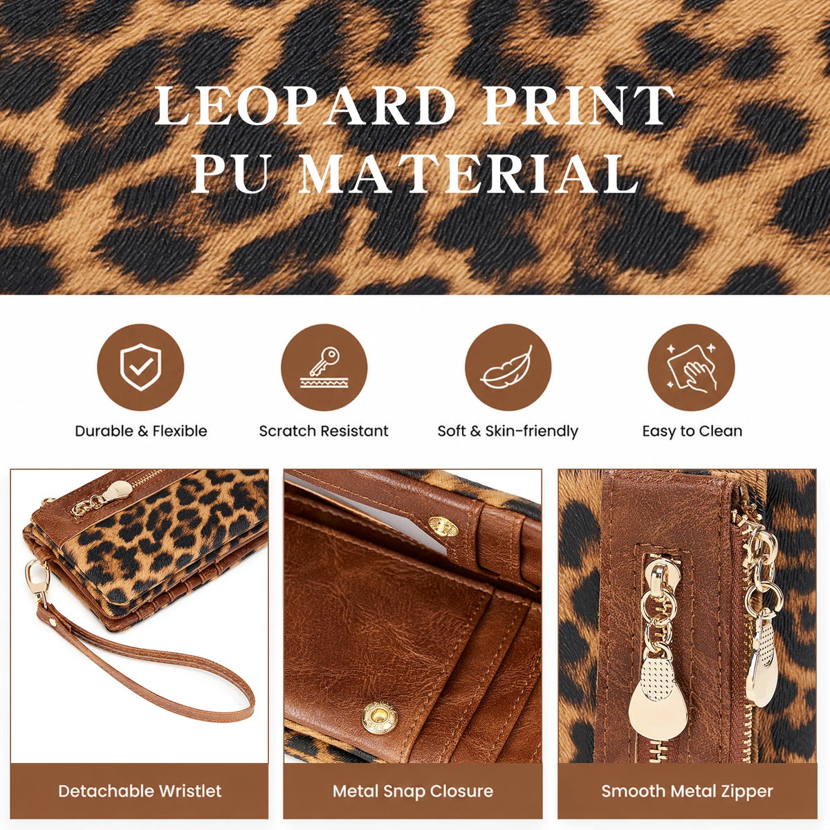 A leopard print clutch wallet featuring a detachable wristlet strap, metal snap closure, and smooth metal zipper.