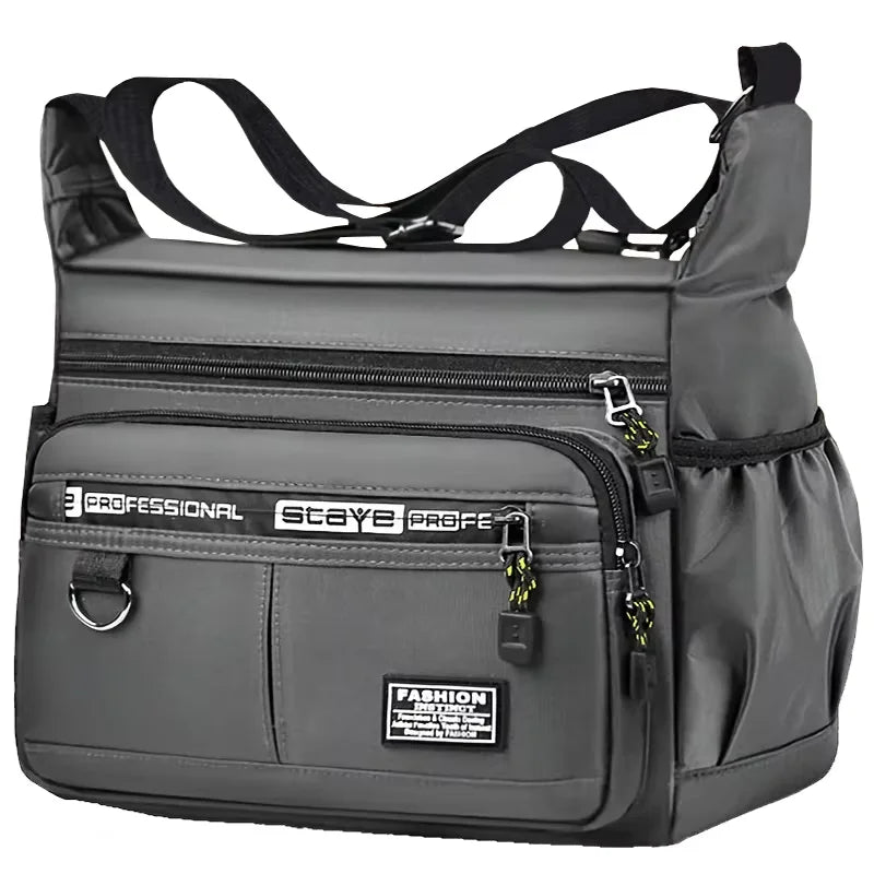 A gray leather men's business crossbody bag with black straps and zippered compartments.