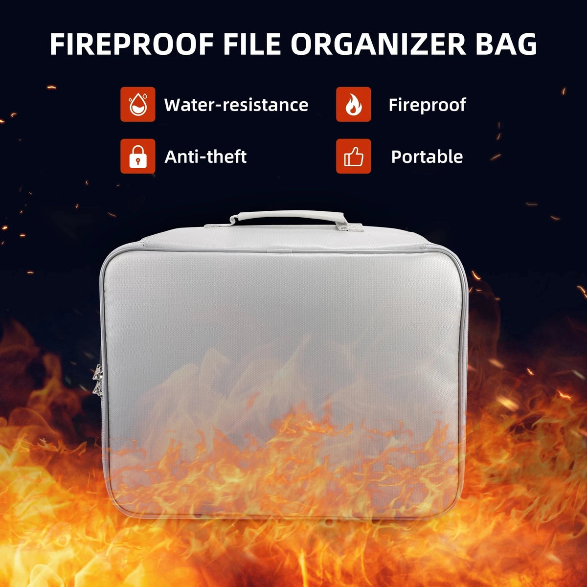 A white fireproof file organizer bag shown against a background of intense flames.