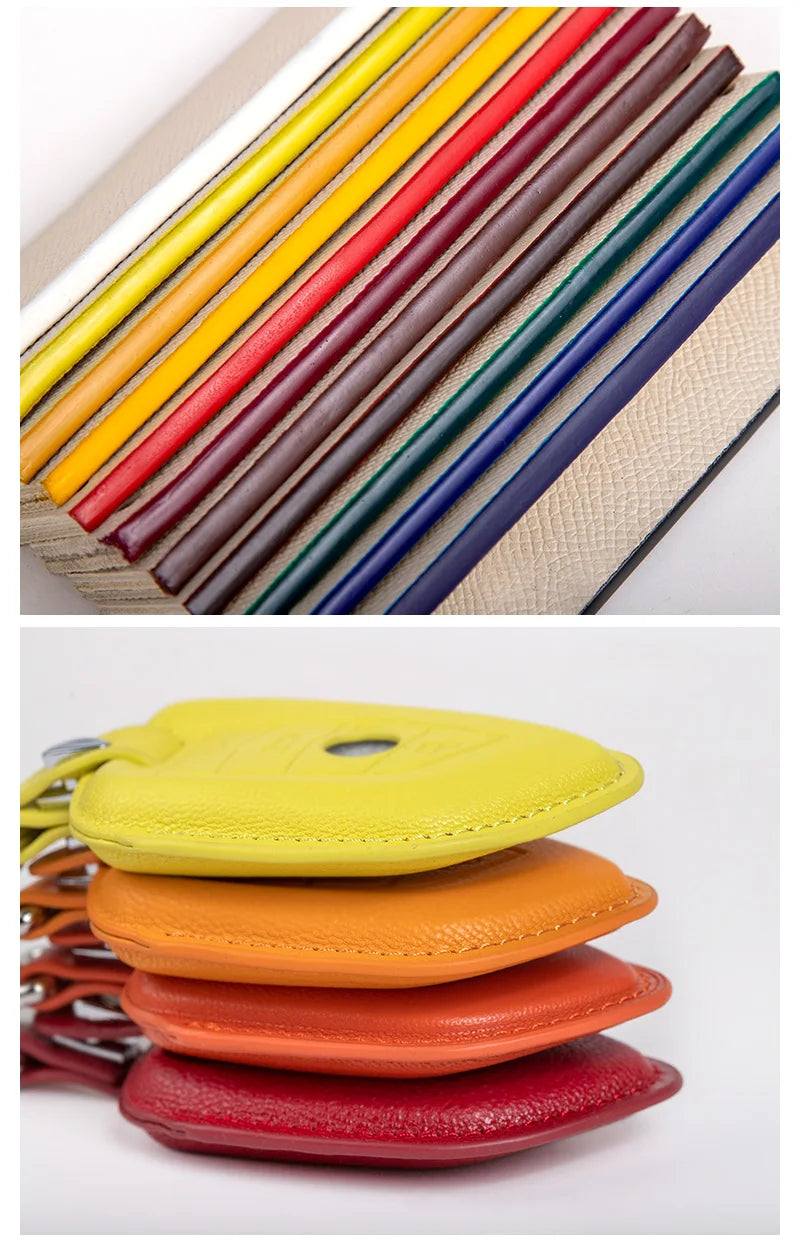 Une pile de lanières en cuir colorées et plusieurs cartes en cuir colorées sont exposées.