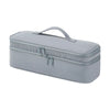 A gray durable travel hair dryer storage bag with a handle and partitioned compartments.